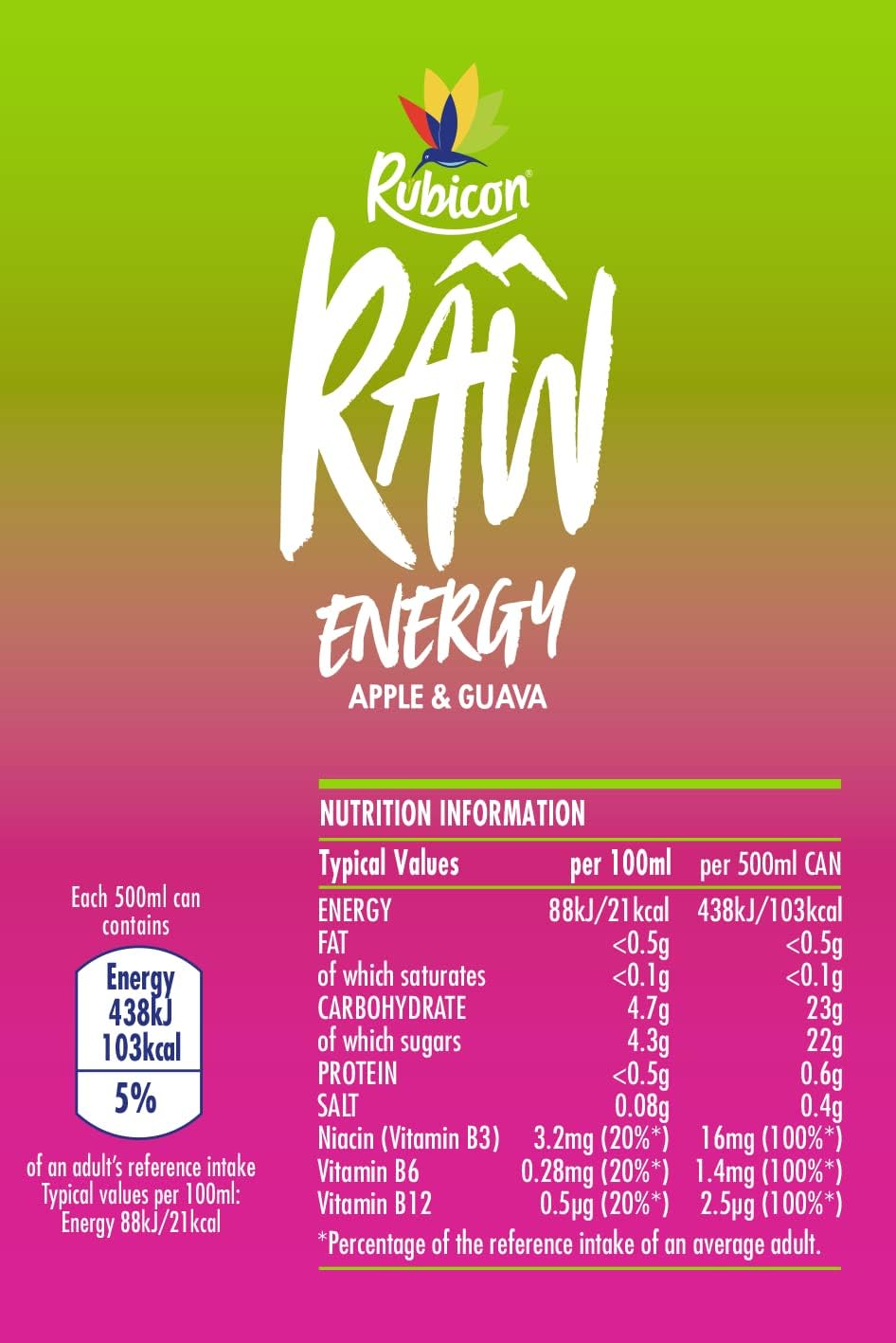 Rubicon RAW (Apple & Guava) 500ml Energy Drink, pack of12