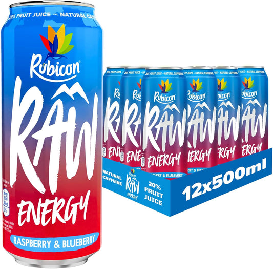 Rubicon RAW (Raspberry & Blueberry) 500ml Energy Drink, pack of 12