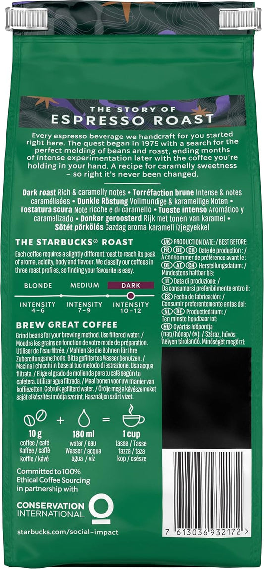 STARBUCKS Espresso Roast, Dark Roast, Whole Bean Coffee 200g (Pack of 6)